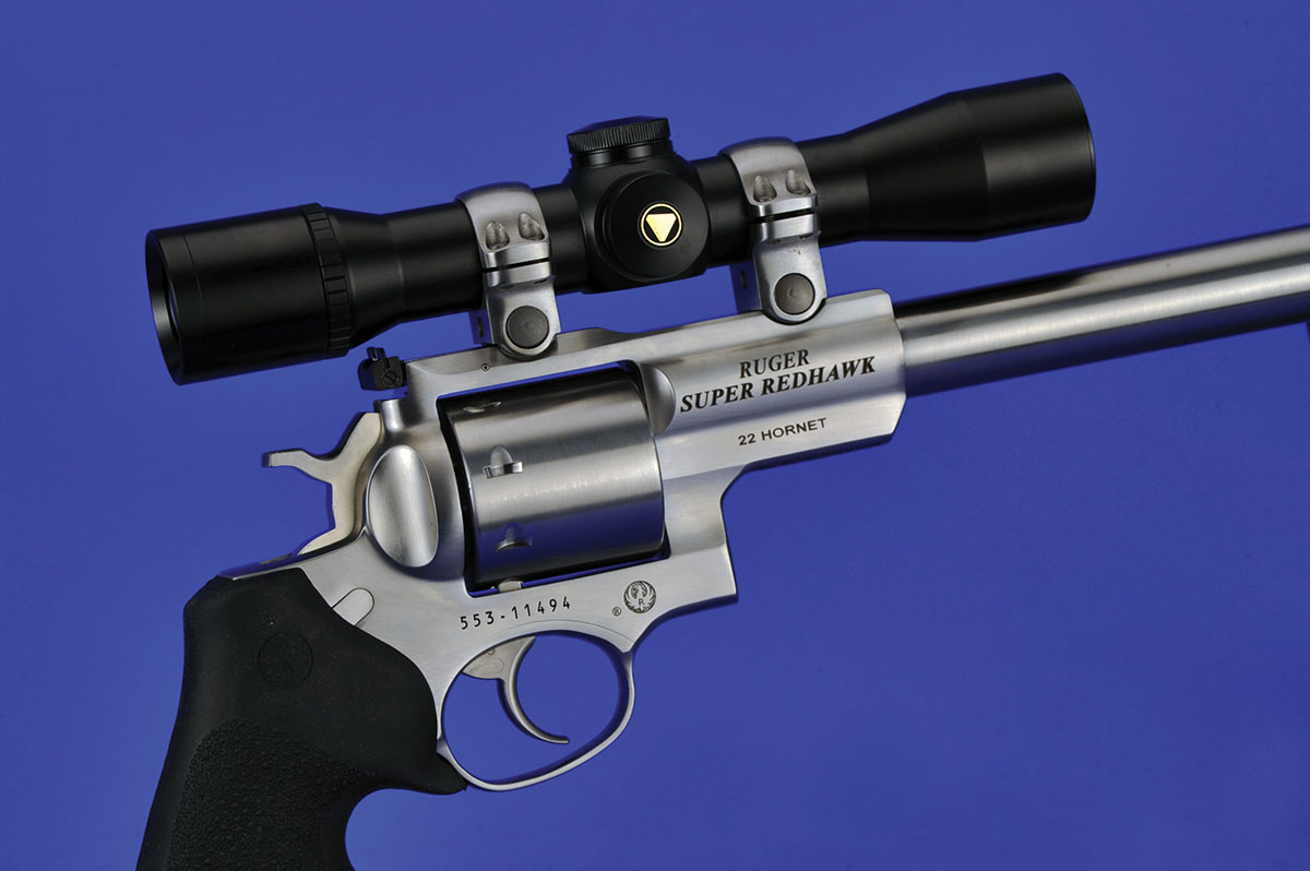 From any angle, the Ruger SRH is an impressive handgun and more so when chambered for the 22 Hornet. This is a big gun holding eight rounds of ammunition, and with proprietary scope mounts included, it makes scope mounting easy.